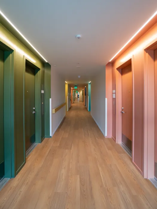 Hallways with apartment entries boasts bold colors -- green and peach -- for wayfinding