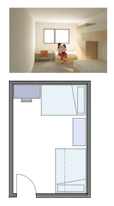 Image of woman sitting with child in front of a window with plan underneath