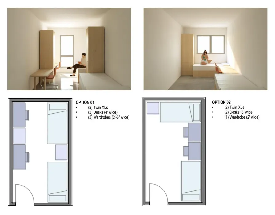Two photos of rooms with windows and plans beneath