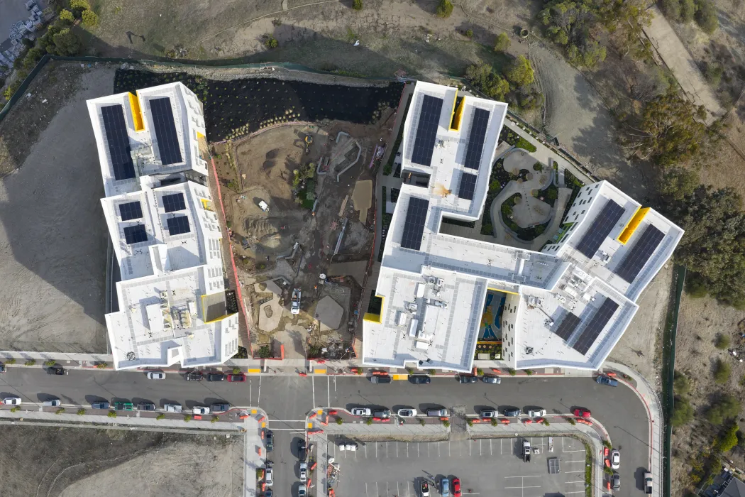 Rooftop view of apartment buildings and courtyards