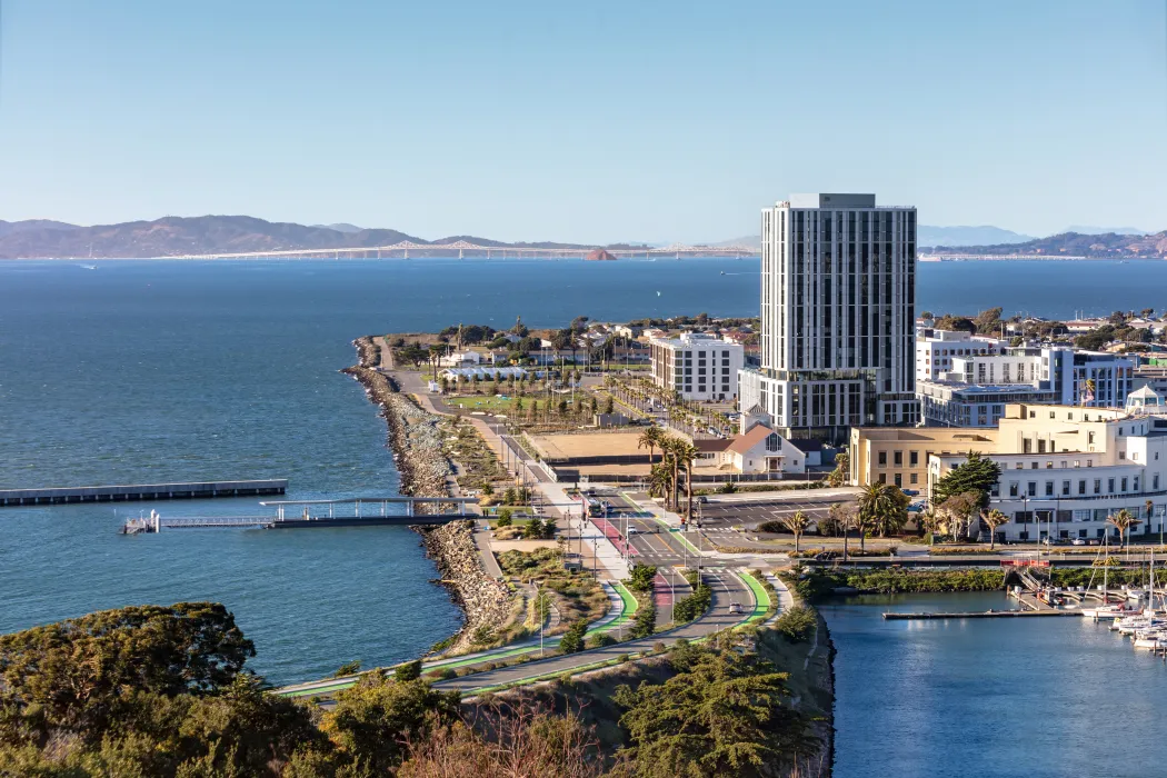View of apartment building on Treasure Island and the Bay