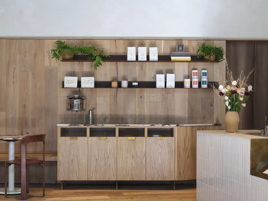 The coffee-prep station against the wall