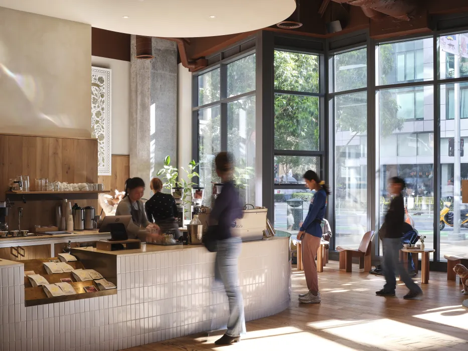 Patrons at the coffee shop lined up to order 