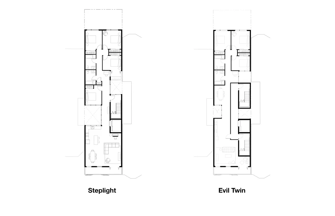 Plan view of two apartments showing layout difference with single stair and not - level 5