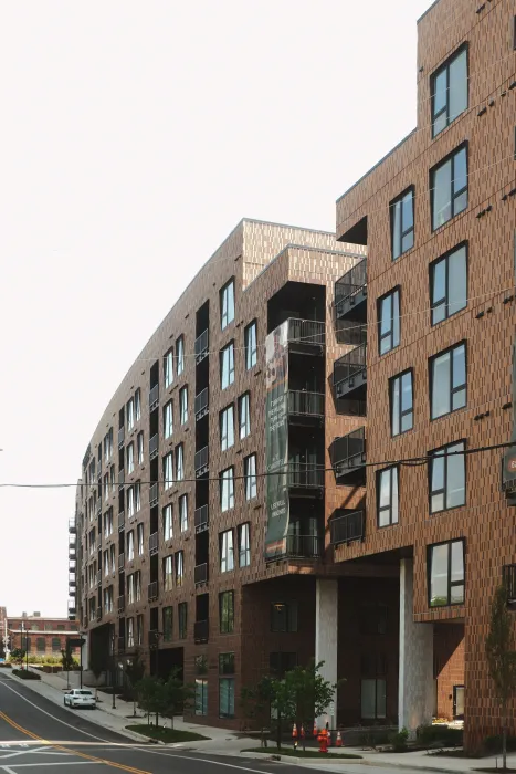 Large building along freeway going uphill 