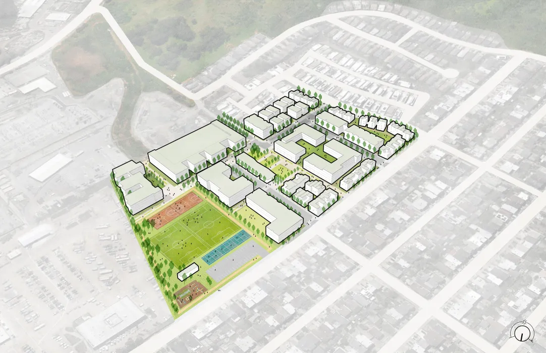 Aerial view of multi-block site with varying housing types