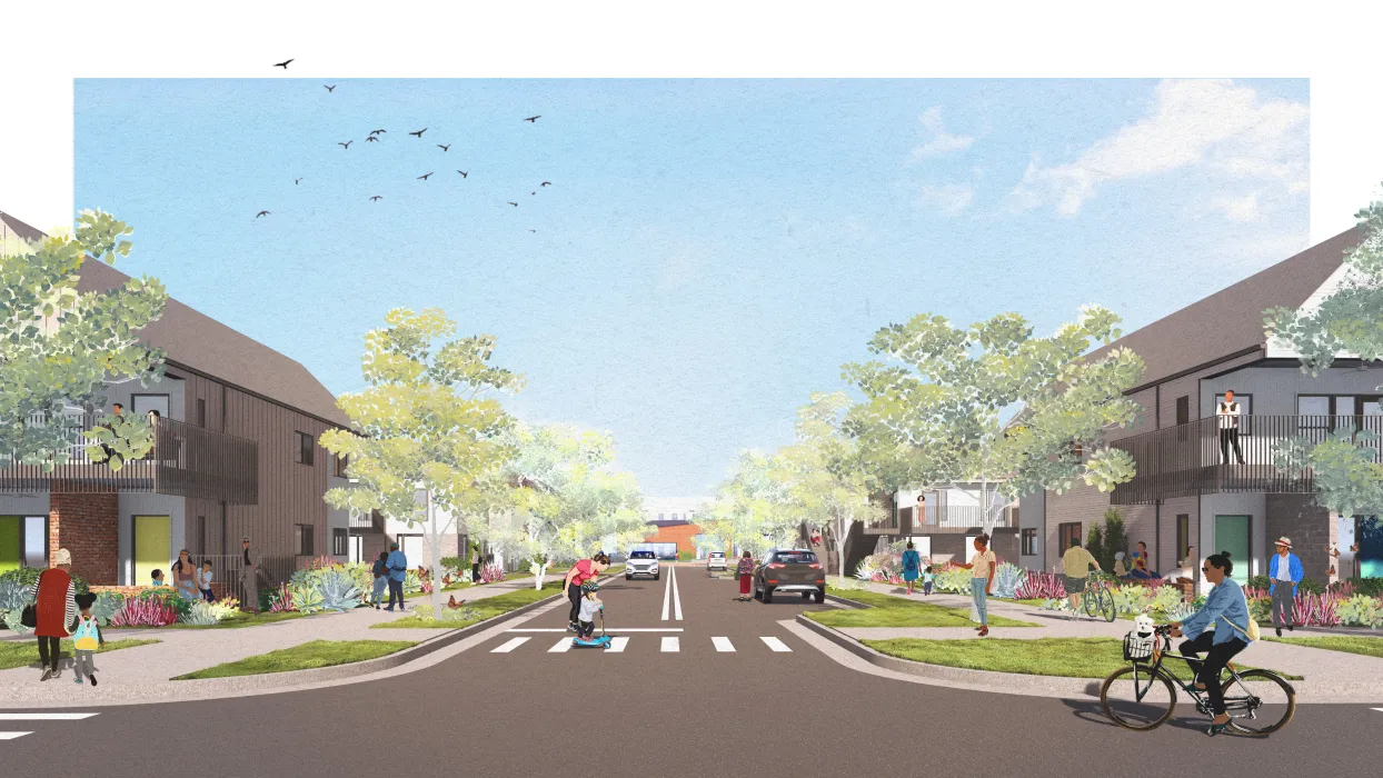 Rendered view of street with trees at the heart of the new community