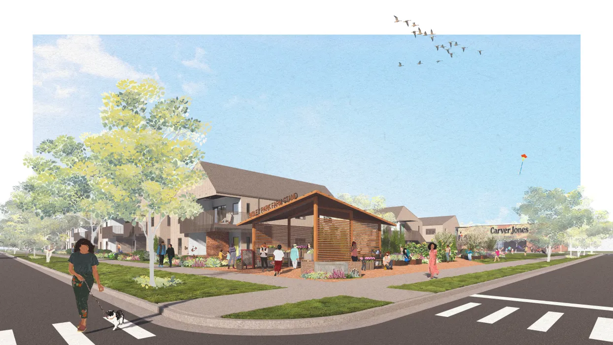 Rendered view of the corner shows signage and a new linear park