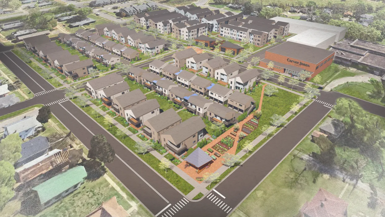 Rendered aerial view of community showing three housing types