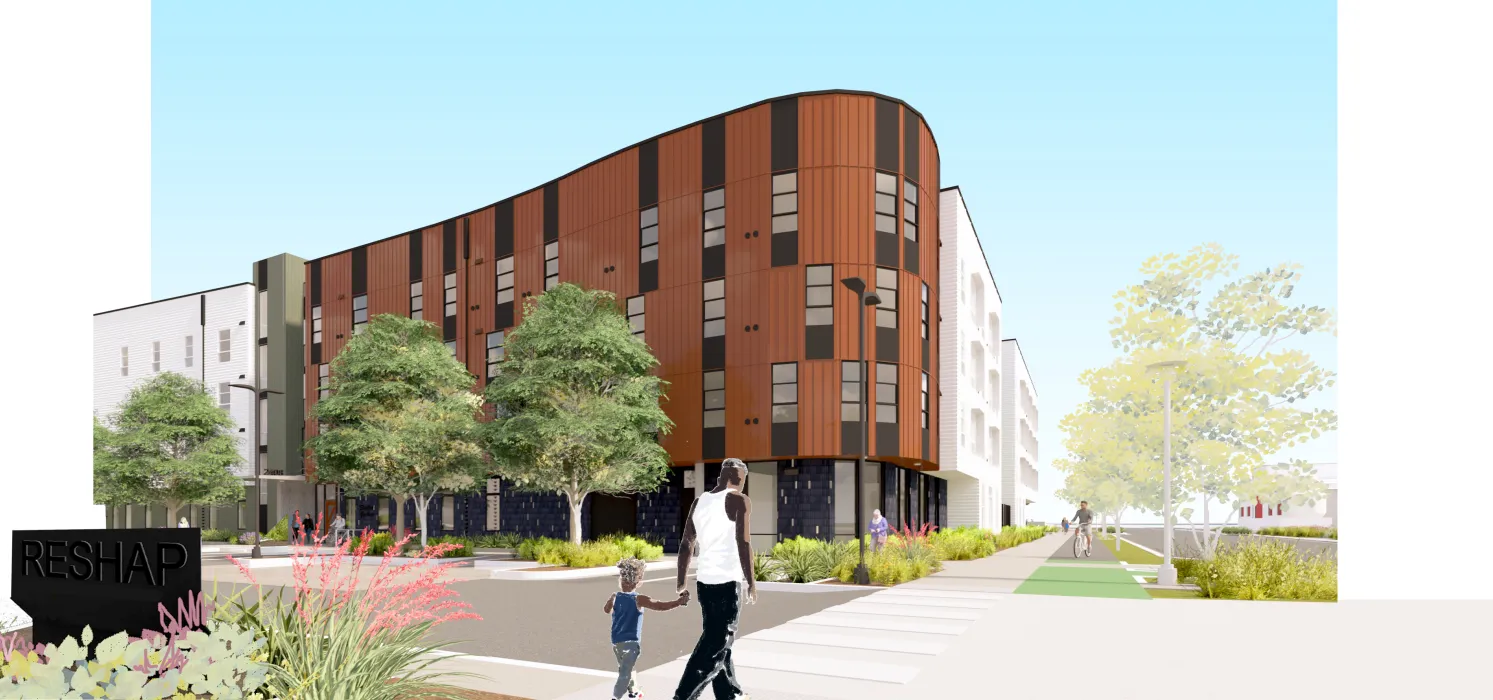 Rendering view of the corner of a four-story building showing a swooping rounded form.