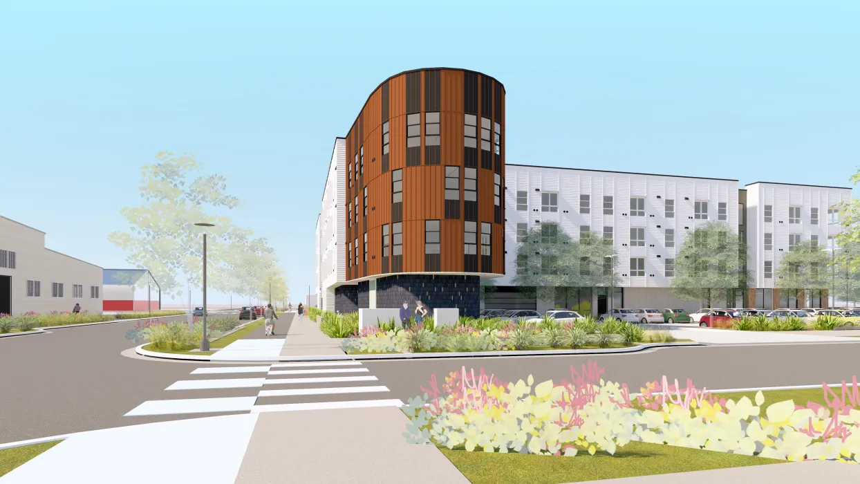Rendering of a distant view of a rounded corner bay on a four-story building
