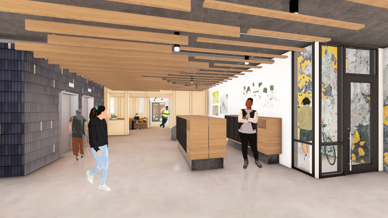 Rendering view of lobby interior with dark tile at elevators, wooden mailboxes, and various seating areas.