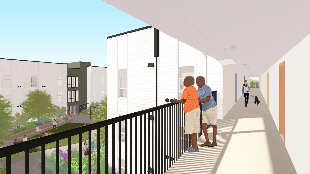 Rendering view of open-air corridor overlooking a courtyard.