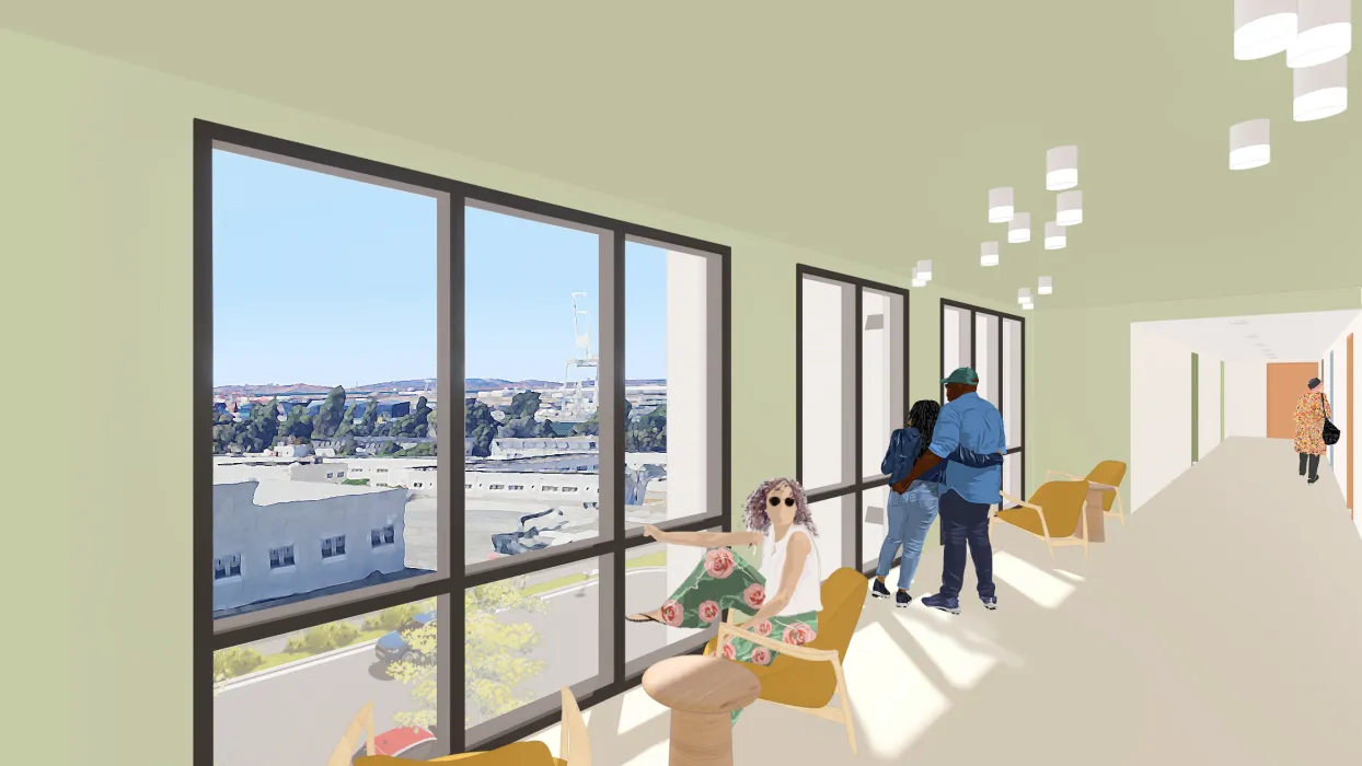 Rendering view of corridor with large view windows and seating.