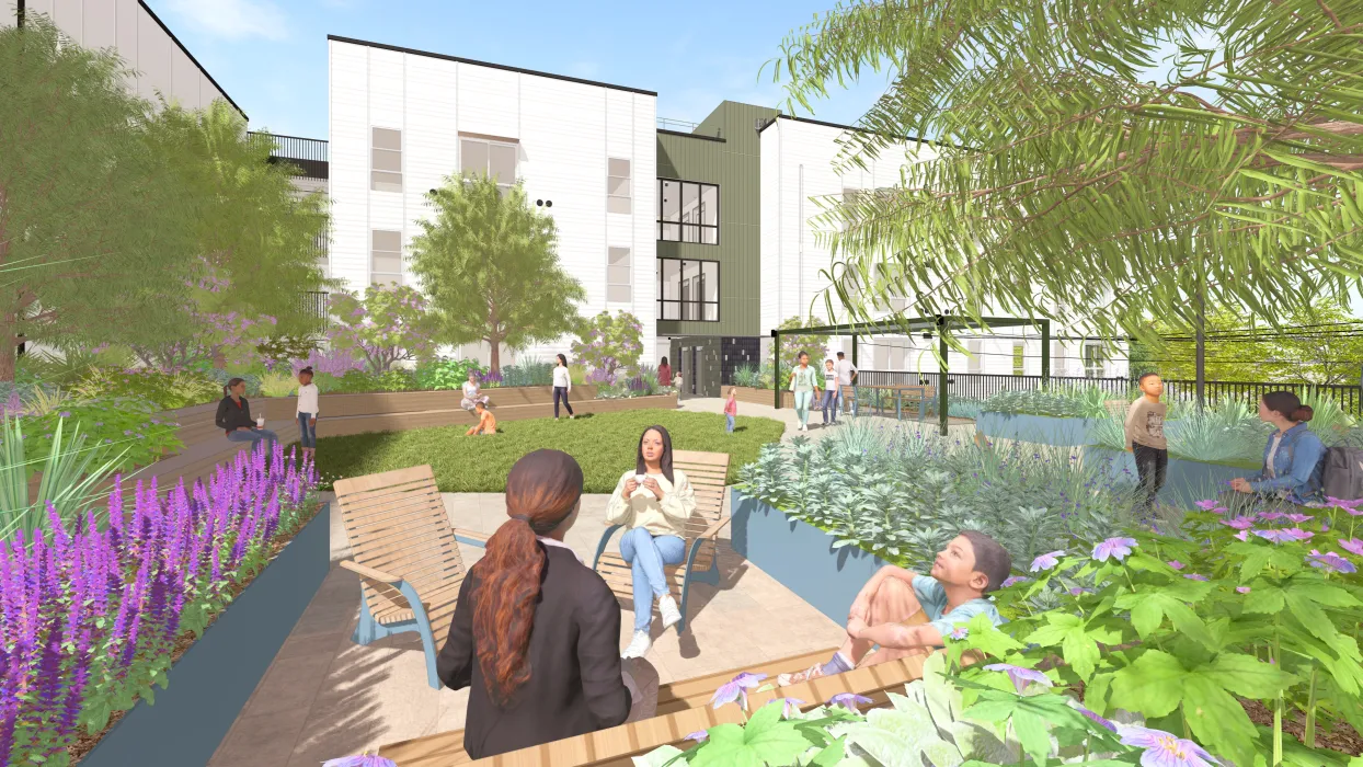 Rendering view of a planted courtyard with seating.