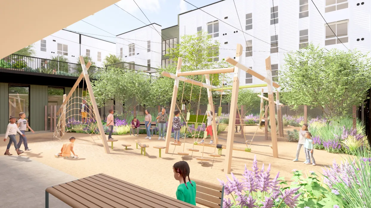 Rendering view of a landscaped courtyard with organic play structures. 