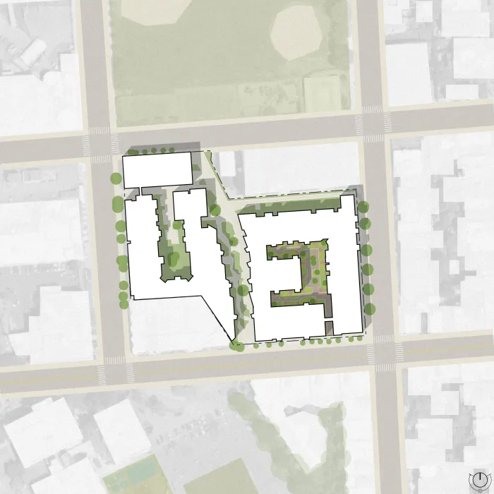 Site plan of apartment building and path between