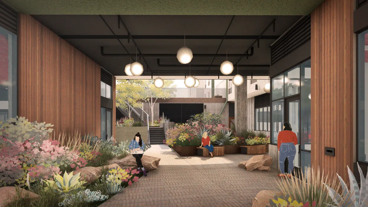 Rendering of the interior courtyard, encasing a grand stair that doubles as a biofiltration basin for storm water.