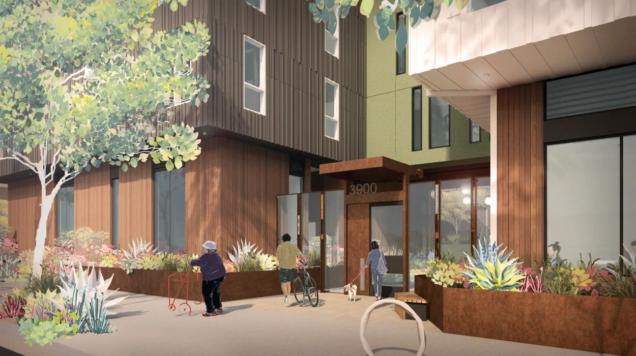 Rendering of the metal and glass entry gate on Post Street, flanked by lush planters.