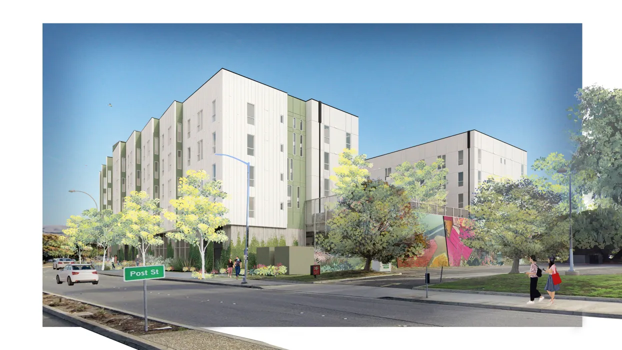 Rendering of the cream-colored and green facade from busy Thornton Avenue.