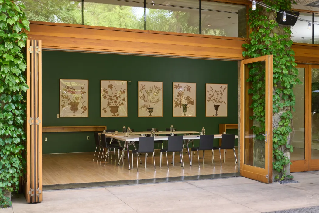 View of conference room through wide portal in ivy-covered wall