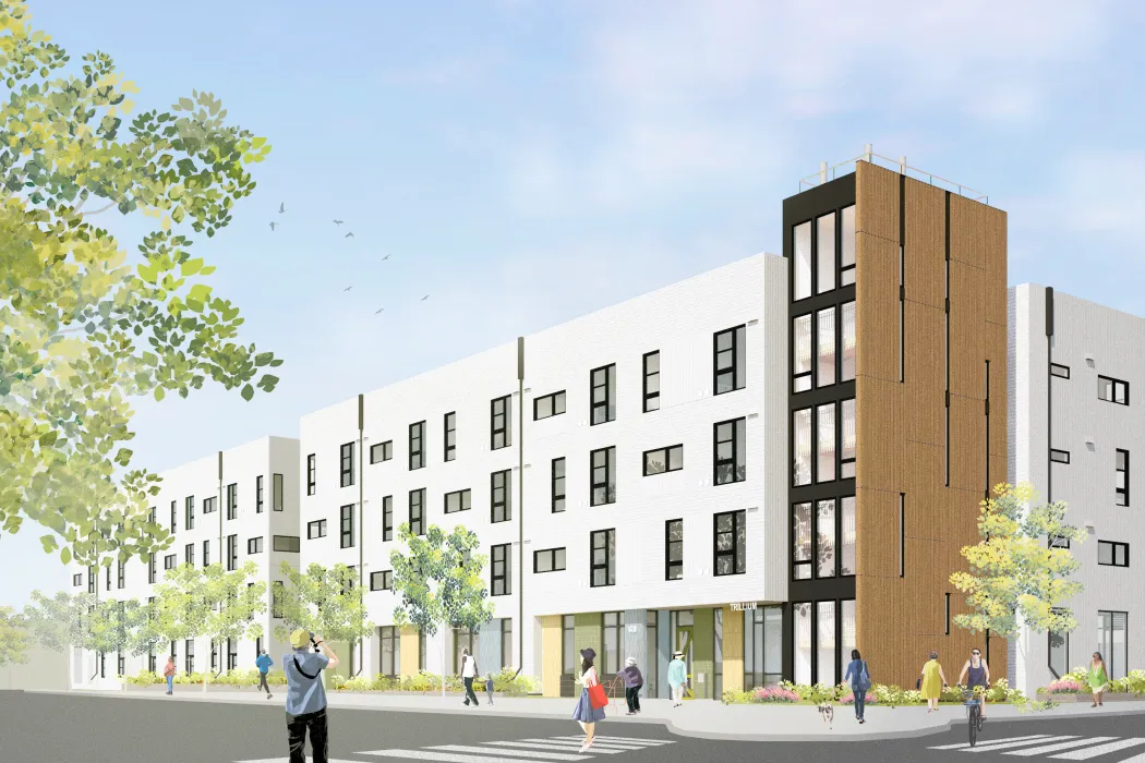 An exterior rendering of Trillium Senior Housing with a primarily white exterior with wood and dark grey portions.