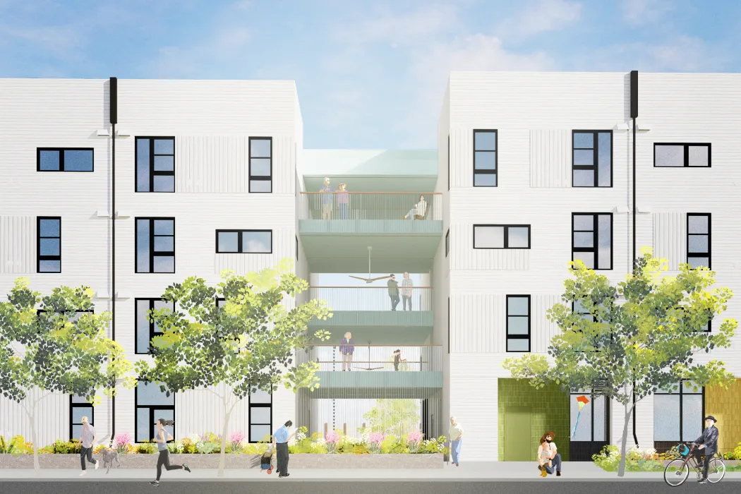 A rendering of generous connecting porches that connect buildings.
